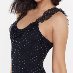 NWT- Nasty Gal- Polka Dot Mesh Ruffle Strap Bodysuit